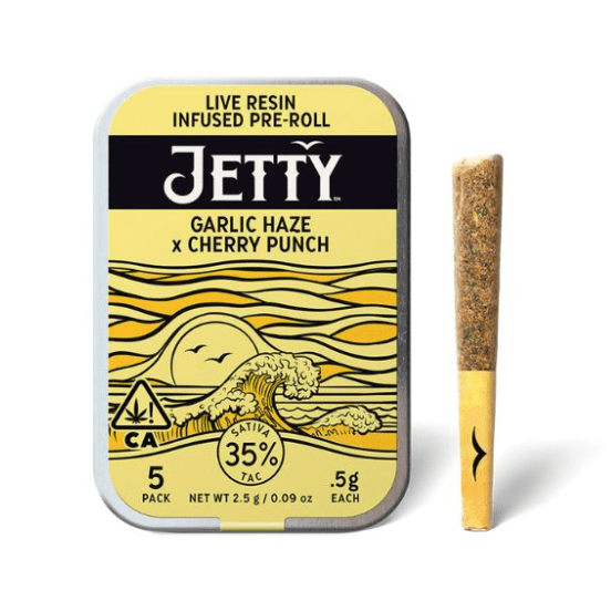 Photograph of product: Jetty Live Resin Infused Pre-roll 5pk Garlic Haze x Cherry Punch 2.5g - 