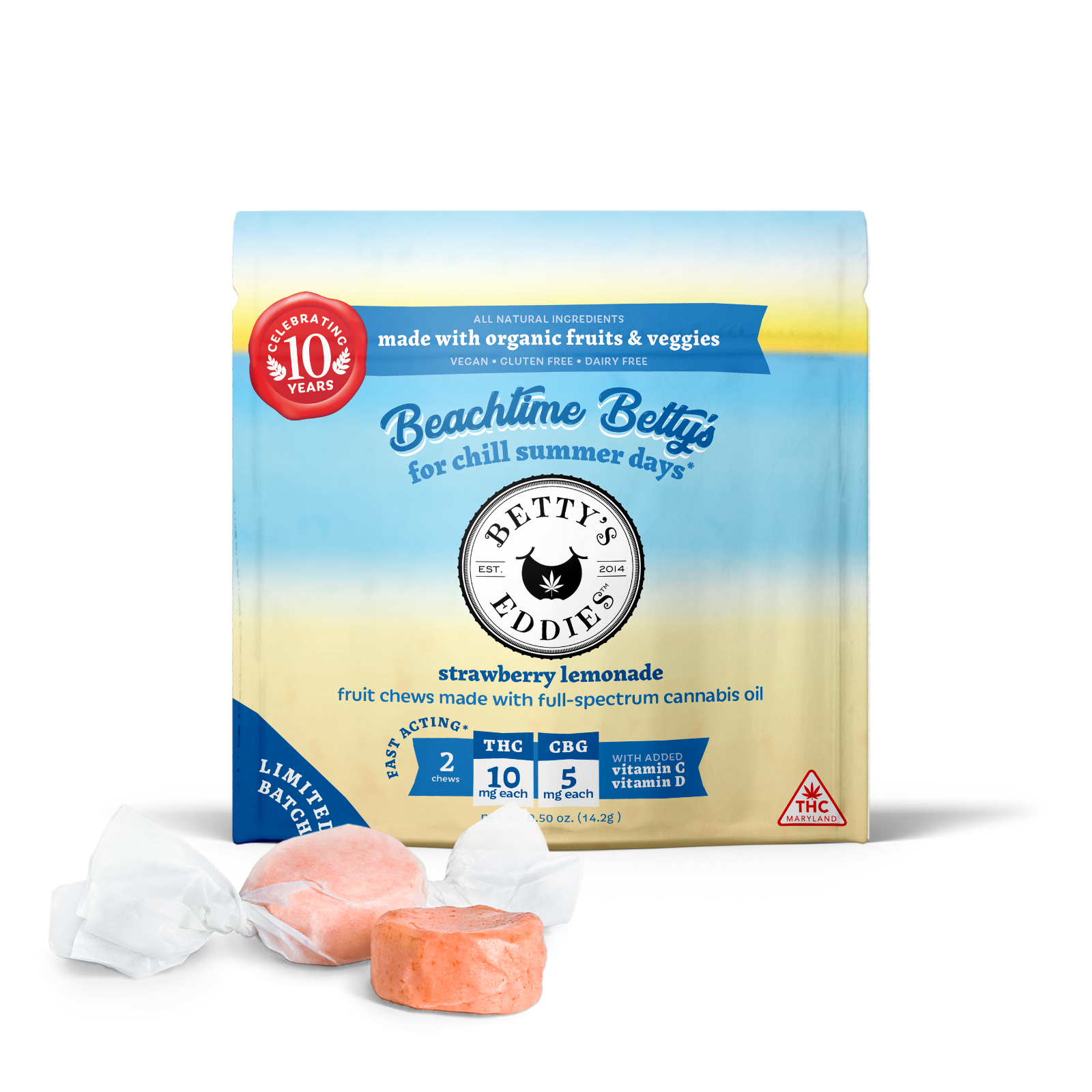 Photograph of product: Betty's Eddies 100mg Fruit Chews - Beachtime Betty's Strawberry Lemonade