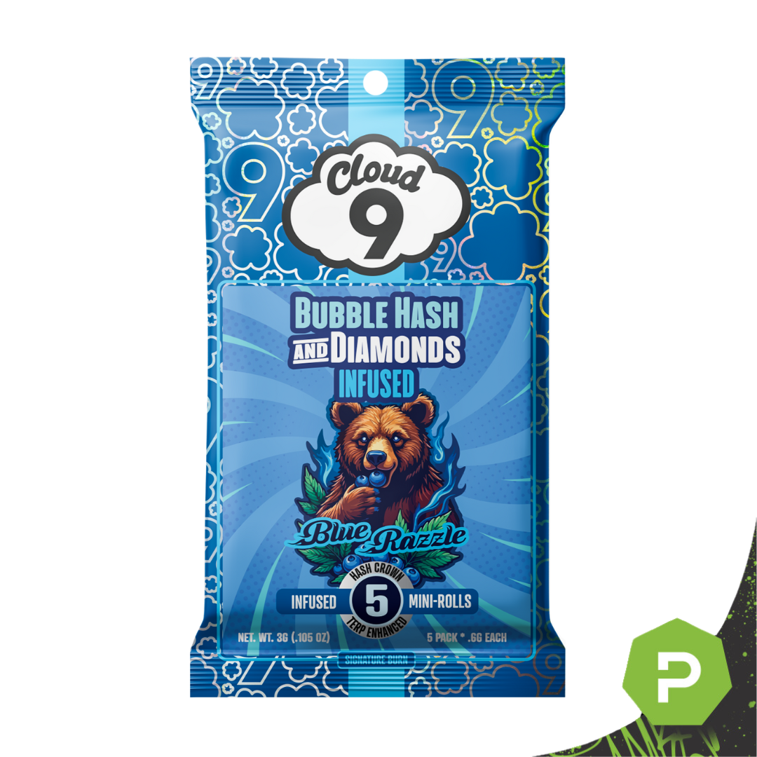 Photograph of product: Cloud 9 | 0.6g x 5 Infused Bubble au chocolat & Diamonds Pre-Rolls | Blue Razzle