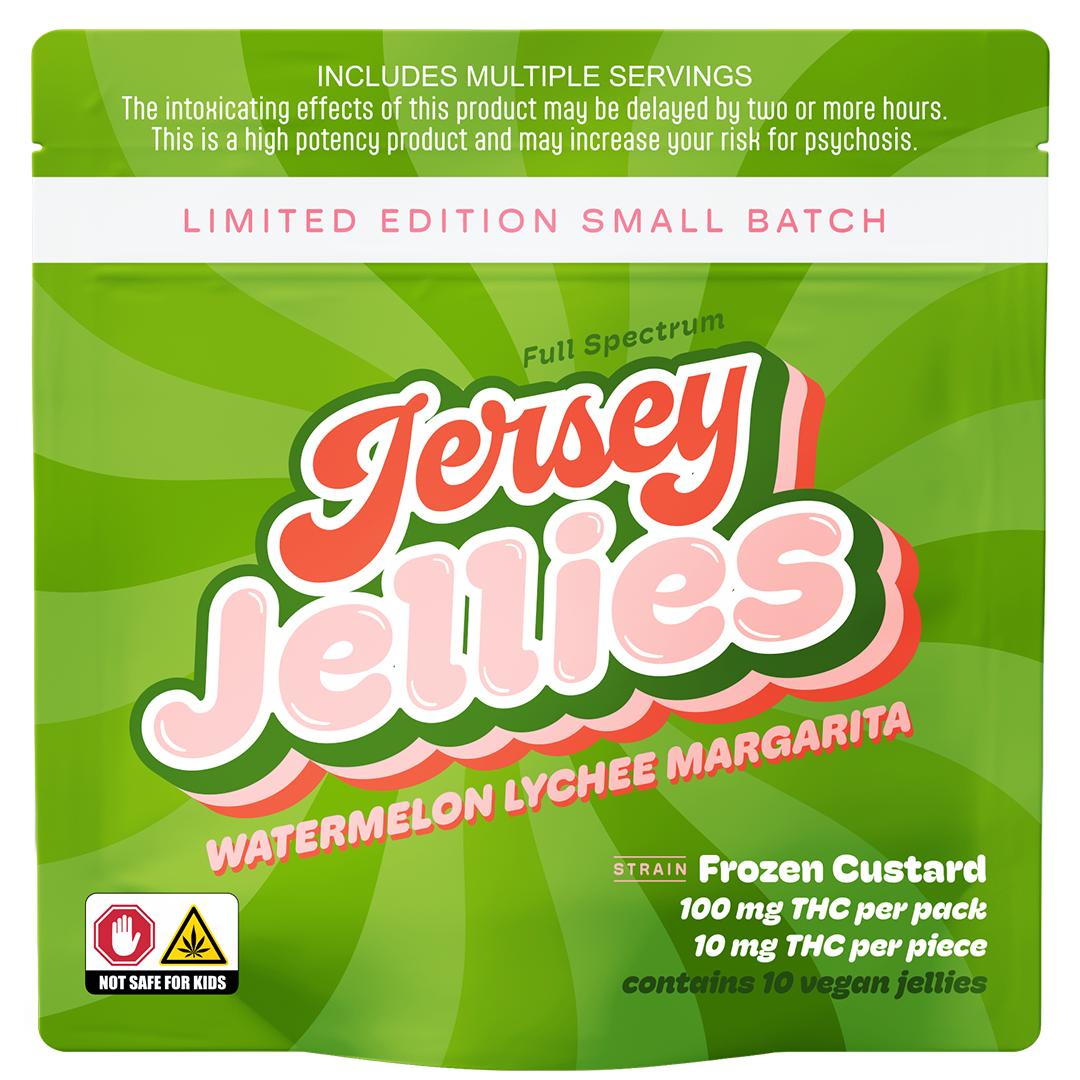 Photograph of product: Jersey Jellies | Watermelon Lychee Margarita with Frozen Custard | Cured Resin Gummies | 10pk | 100mg