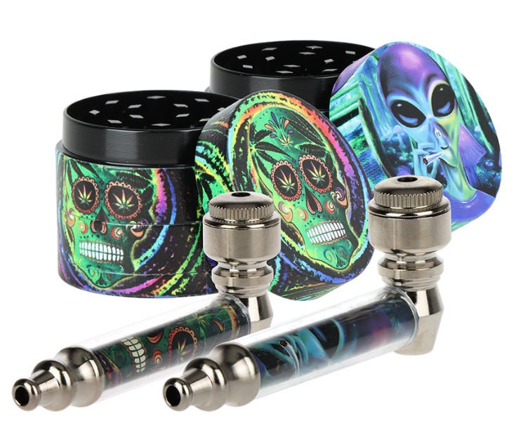 Photograph of product: Neo-Psych Pipe & Grinder Boxed Set | Designs Vary