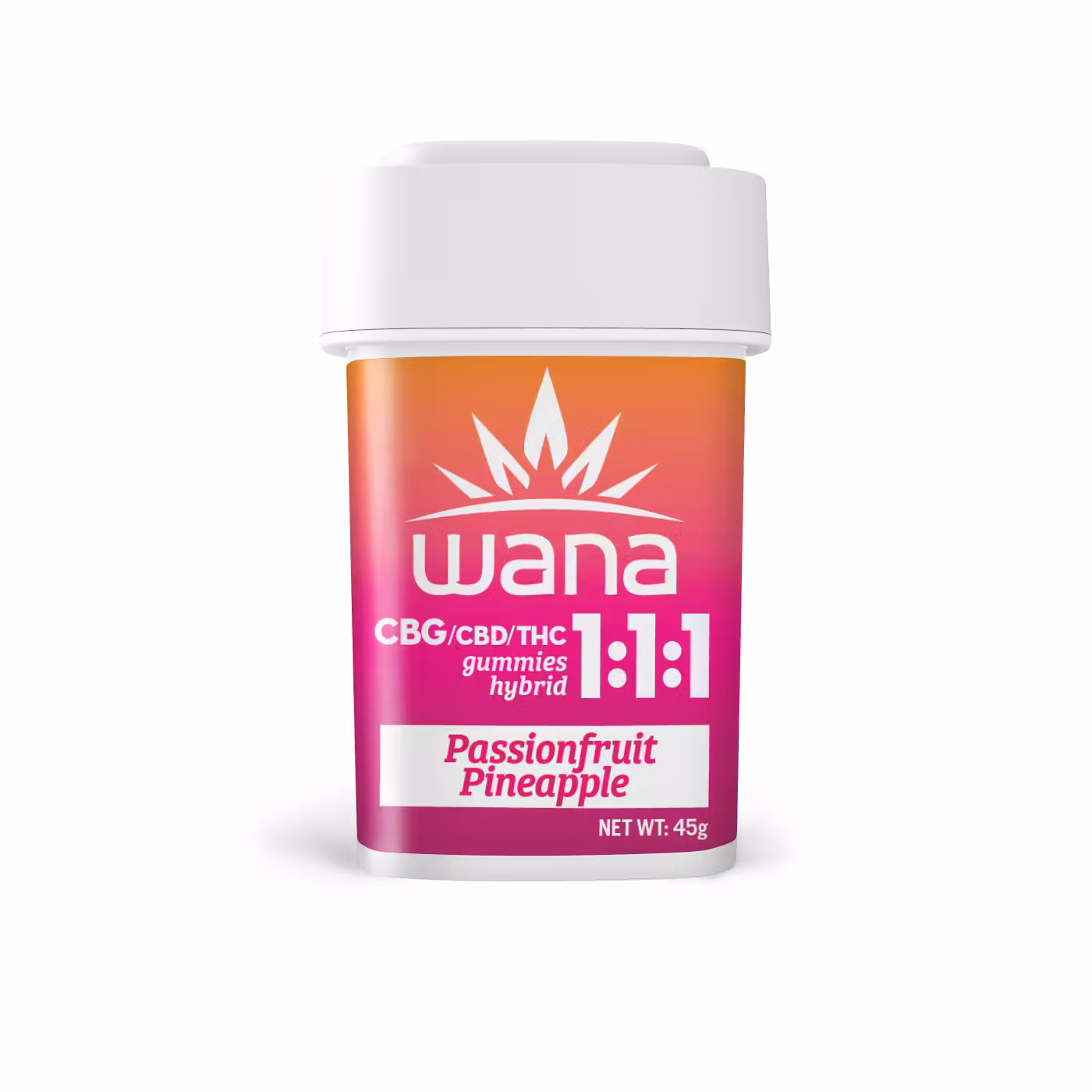 Photograph of product: 1:1:1 CBD/CBG/THC Passionfruit Pineapple - Wana - 100mg Gummies