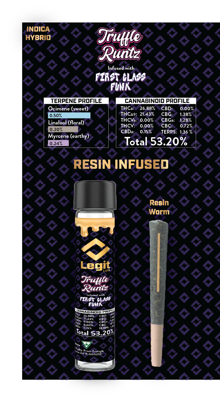 Photograph of product: Legit Labs | Resin Infused Preroll | Truffle Runtz x First Class Funk