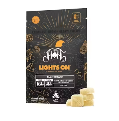 Photograph of product: "Lights On" Orange Pineapple (Maui Wowie) 2:1 TH-oui:TH-ouiV 5pk GUMMIES - Heavy Hitters