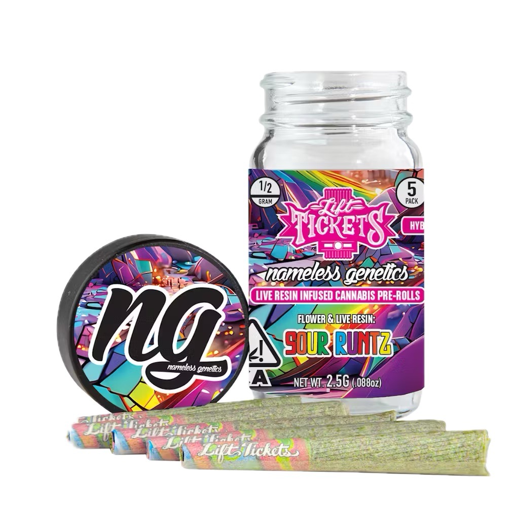 Photograph of product: LIFT TICKETS X NAMELESS GENETICS: SOUR RUNTZ INFUSED PREROLL 5PK
