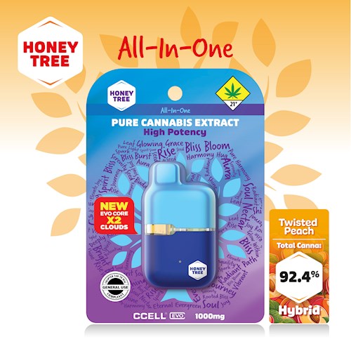 Photograph of product: Honey Tree | Twisted Peach | Disposable  | Flavored High Potency Pure Oui'd Extract | 1g | Hybrid (DOH)