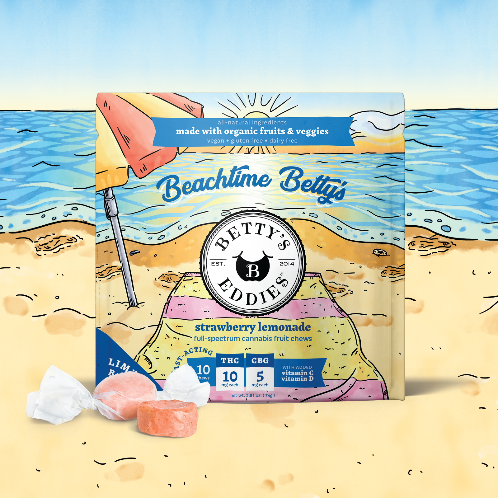 Photograph of product: Beachtime Betty's Ratioed Strawberry Lemonade Fruit Chew 100mg (10mg ea | 10-Pack)