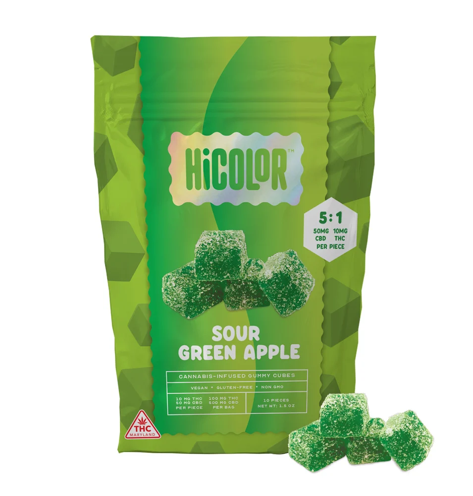 Photograph of Product: Sour Green Apple 5:1 (CBD:THC) Gummies 10mg x 10pk