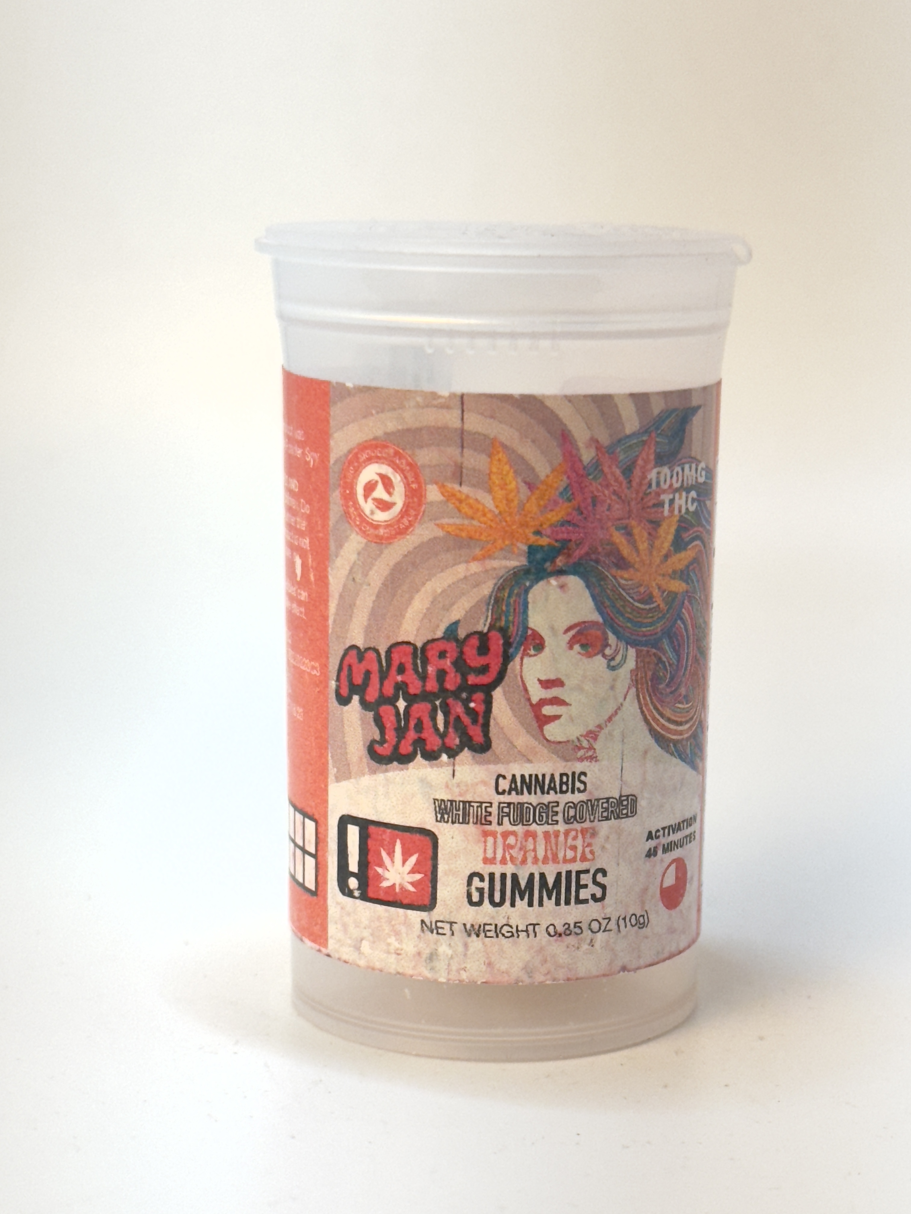 Photograph of product: MaryJans - 100mg White Chocolate Covered Orange Gummy