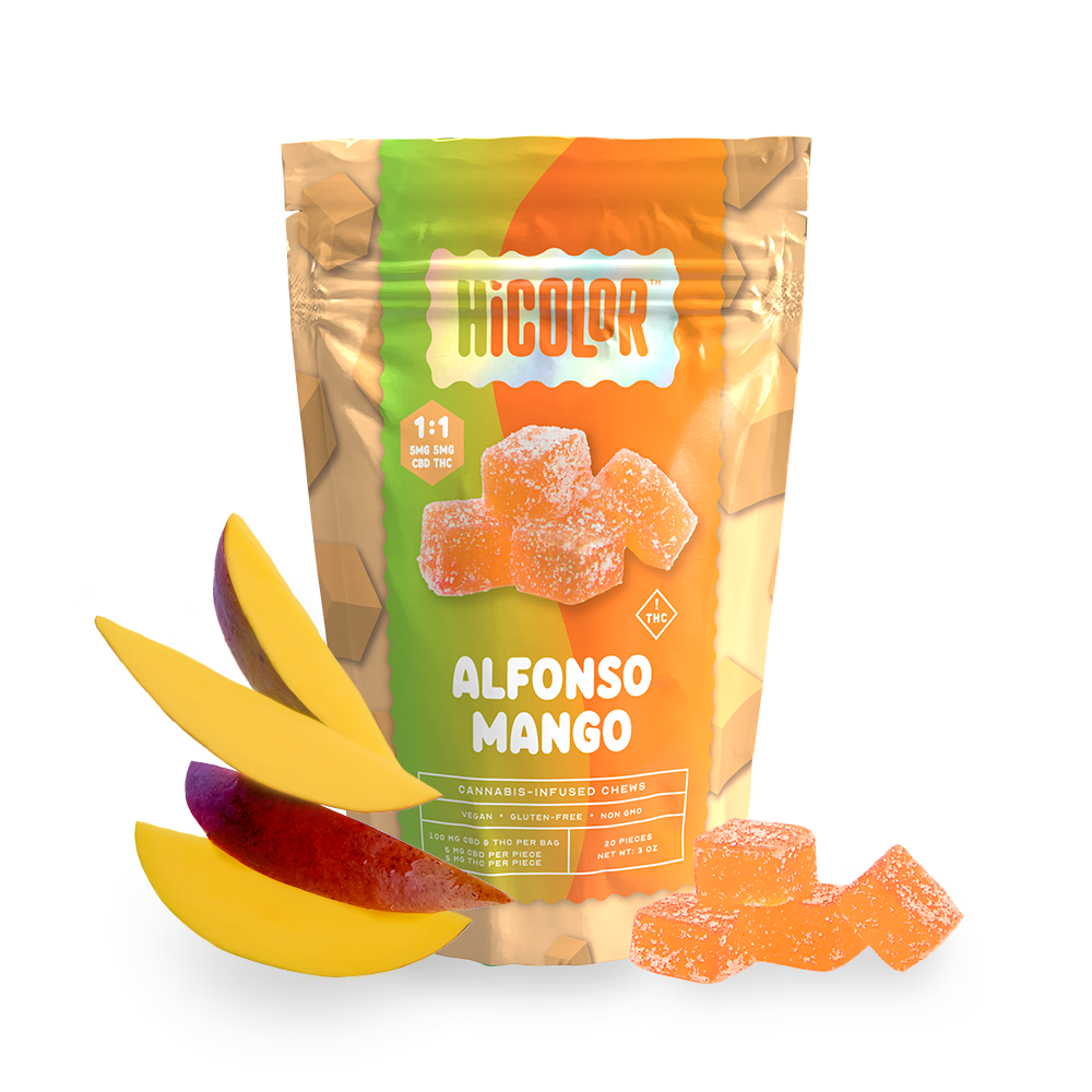 Photograph of product: HiColor | Alfonso Mango 1:1 CBD:TH-oui | 5mg/20pk Gummies