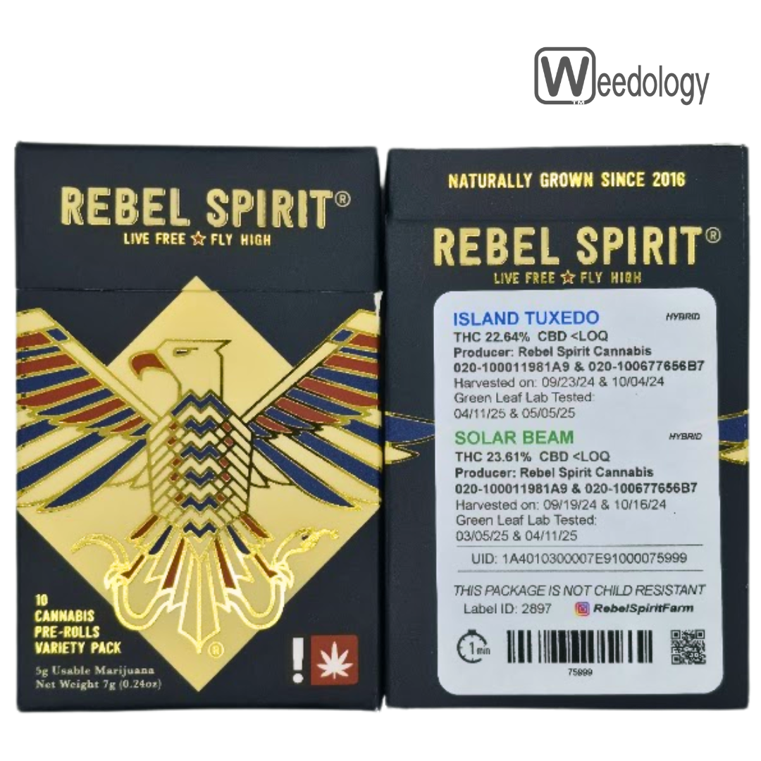 Photograph of product: Rebel Spirit 10pk ISLAND TUXEDO(H)/SOLAR BEAM(H) 0.5g Pre-Rolls