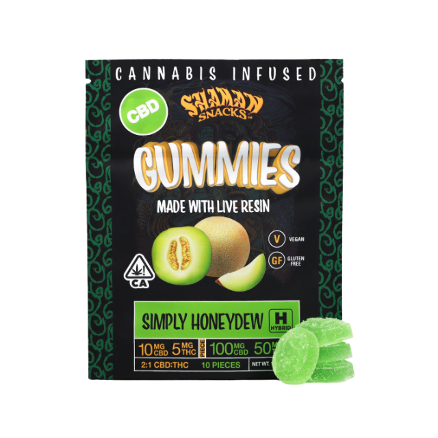 Photograph of product: SHAMAN EXTRACTS SNACKS GUMMIES EDIBLE - SIMPLY HONEYDEW 2:1 CBD:TH-oui (100MG:50MG ) (10CT)