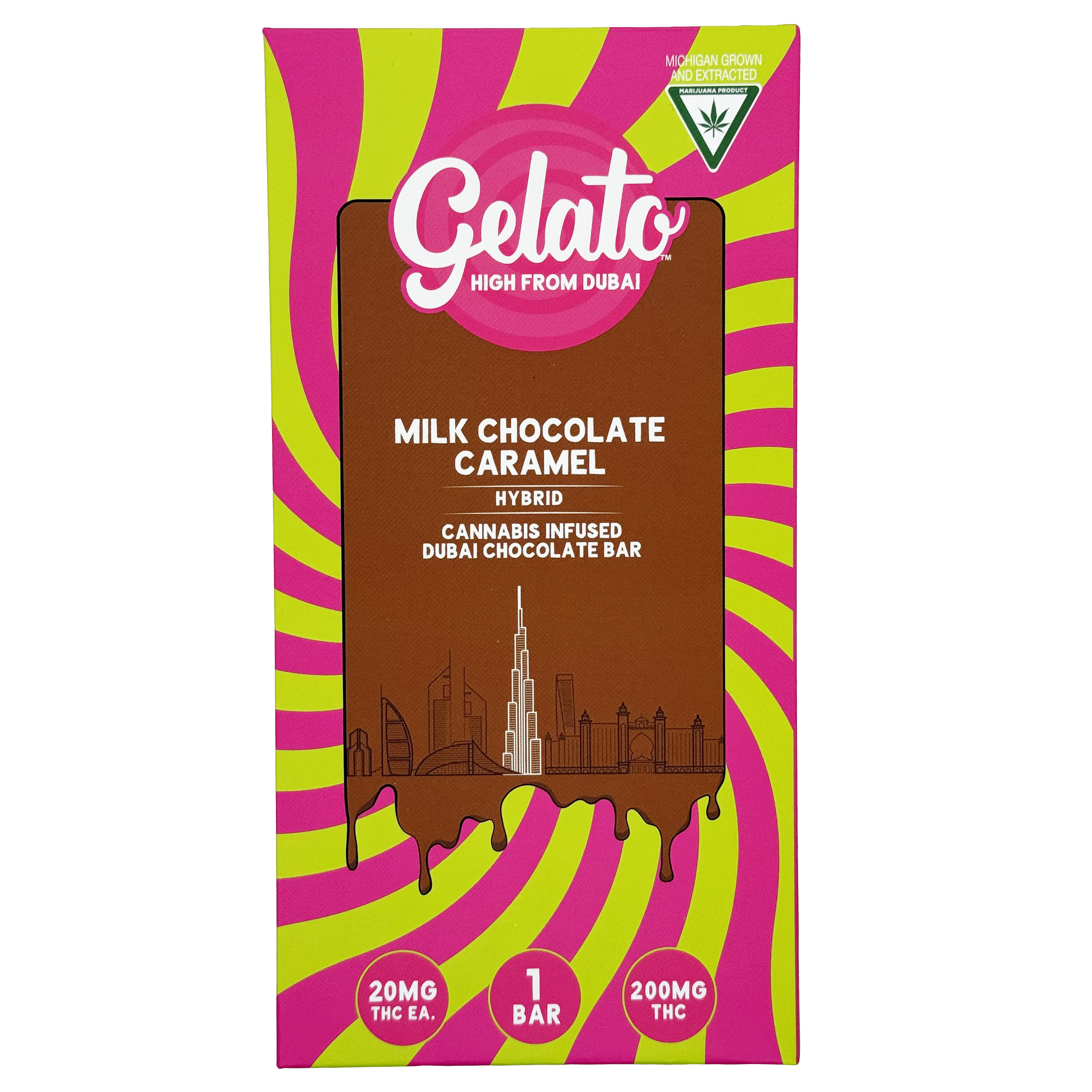 Photograph of product: Gelato Milk Chocolate Caramel Dubai Bar 200mg Rec