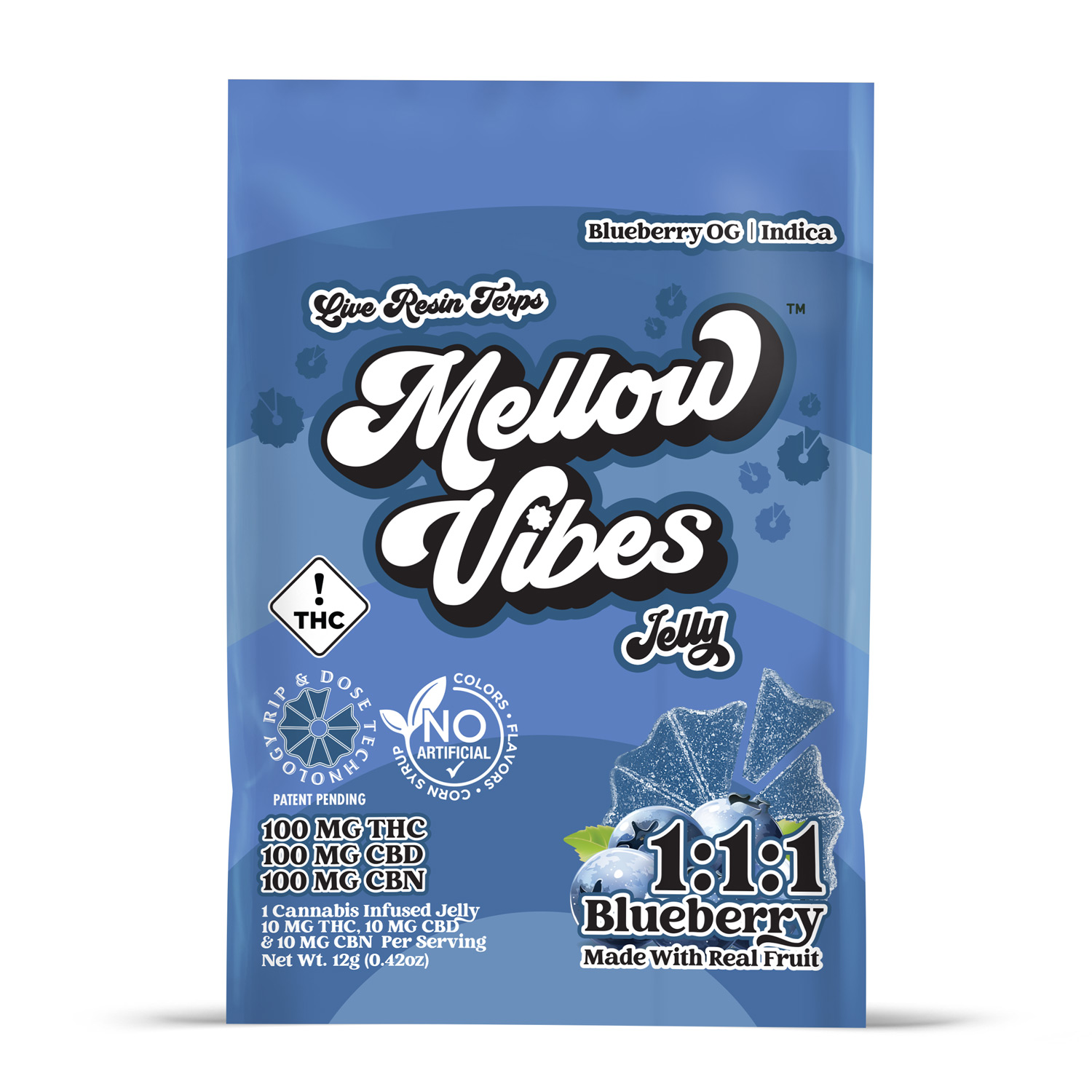 Photograph of product: MELLOW VIBES - GUMMIES - 50MG TH-oui / 50MG CBD / 50MG CBN - 1PK - BLUEBERRY - HYBRID