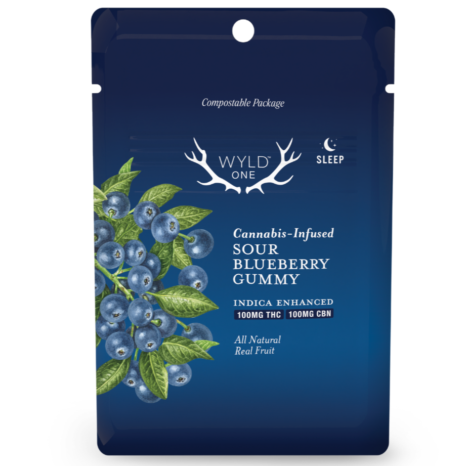 Photograph of product: Wyld > Single Gummies 100mg > Sour Blueberry > 1:1 TH-oui:CBN > Oui'd