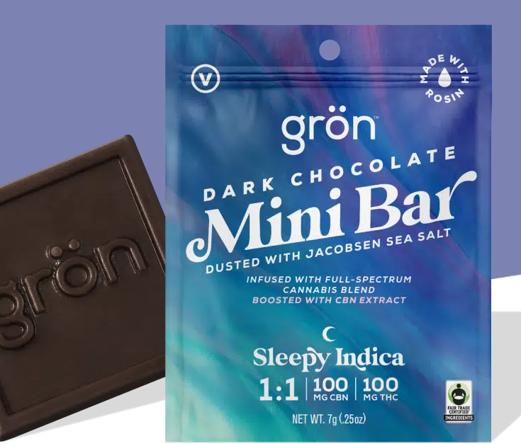 Photograph of product: E102 | Gron | Dark Chocolate Mini Bar | Sleepy Oui'd | 100mg | 1:1 CBN:TH-oui