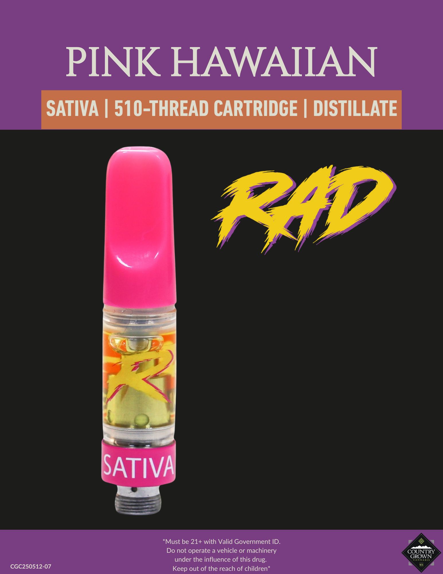 Photograph of product: Pink Hawaiian 510-Thread Vape Cartridge
