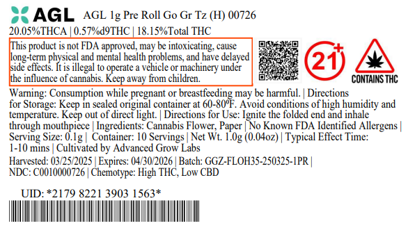 Photograph of product: Go Gr Tz 1g Pre Roll (H) 00726