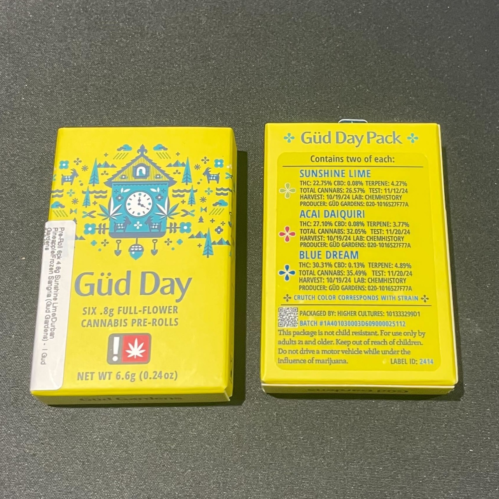 Photograph of product: Pre-Roll 6pk 4.8g Sunshine Lime/Acai Daiquiri/Blue Dream (Gud Gardens)