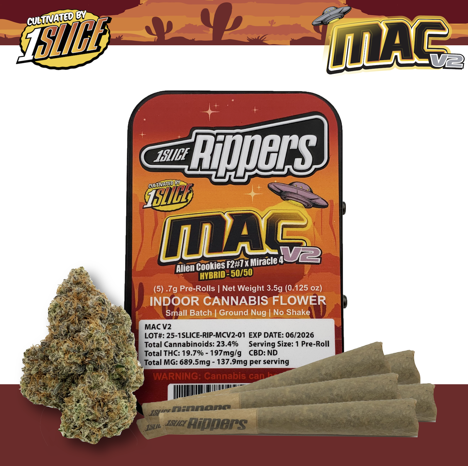 Photograph of product: 1Slice | 0.7g Pre-Roll 5pk (3.5g) | Mac V2