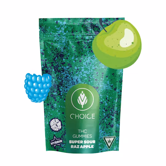 Photograph of product: Choice - Gummies - (200mg) - Hybrid - **SUPER SOUR RAZ APPLE** (6/$20)