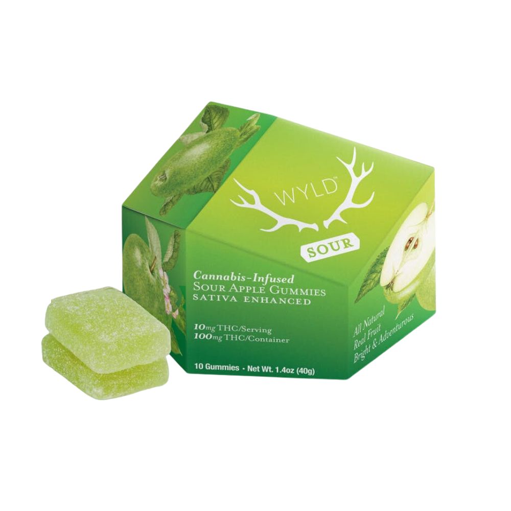 Photograph of product: SOUR APPLE GUMMIES 100MG - WYLD