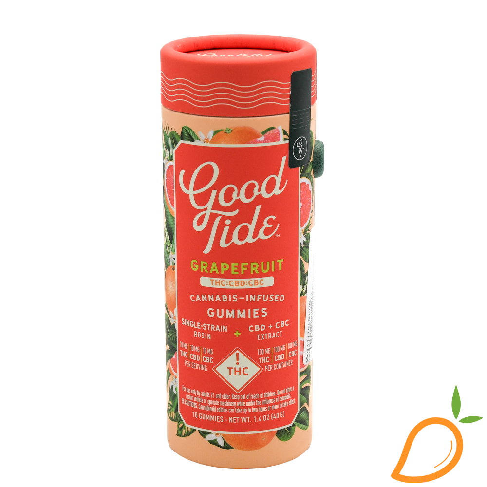 Photograph of product: 100mg 1:1:1 TH-oui:CBD:CBC Grapefruit Gummies Good Tide