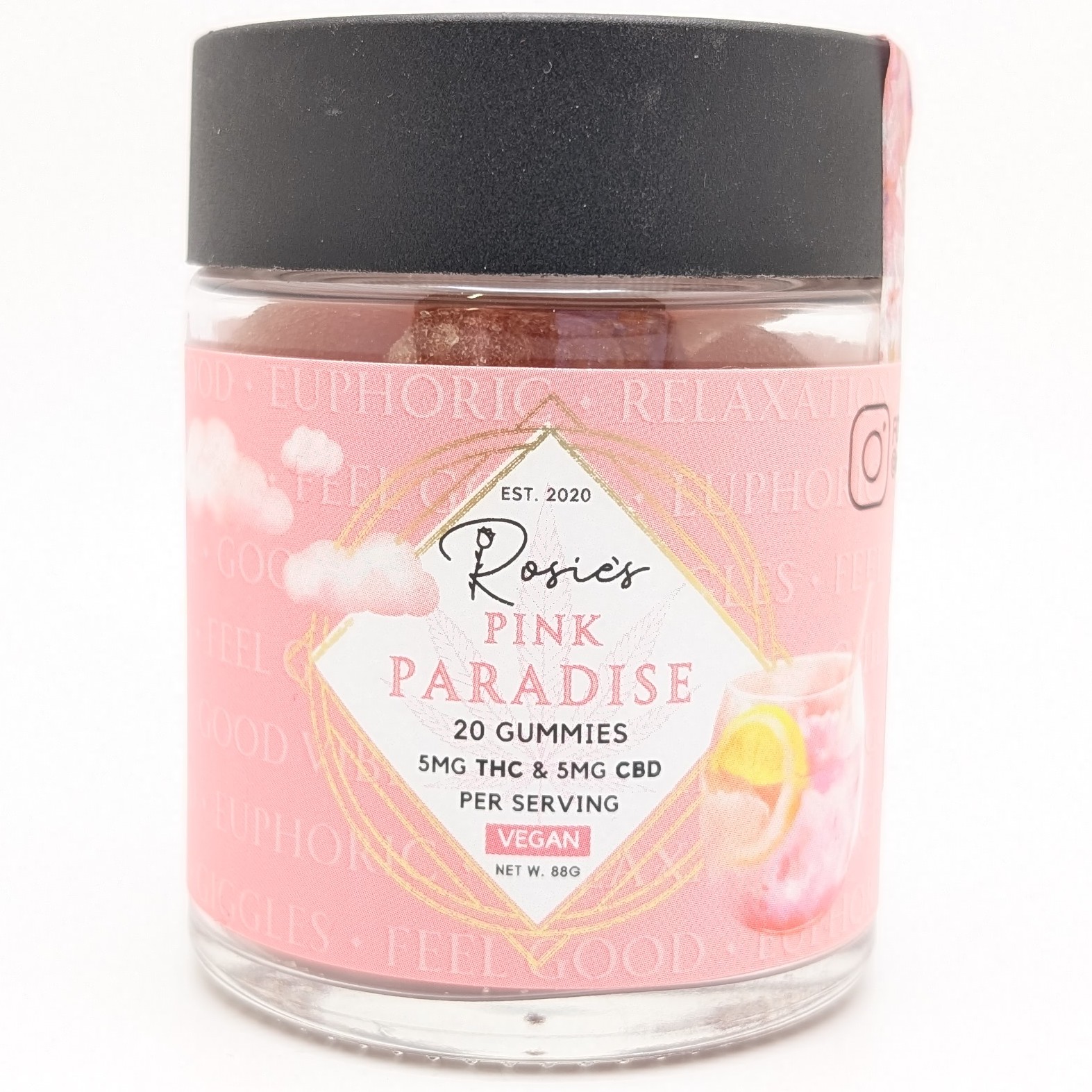 Photograph of Product: Vegan Pink Lemonade 1:1 THC:CBD 100mg Gummies