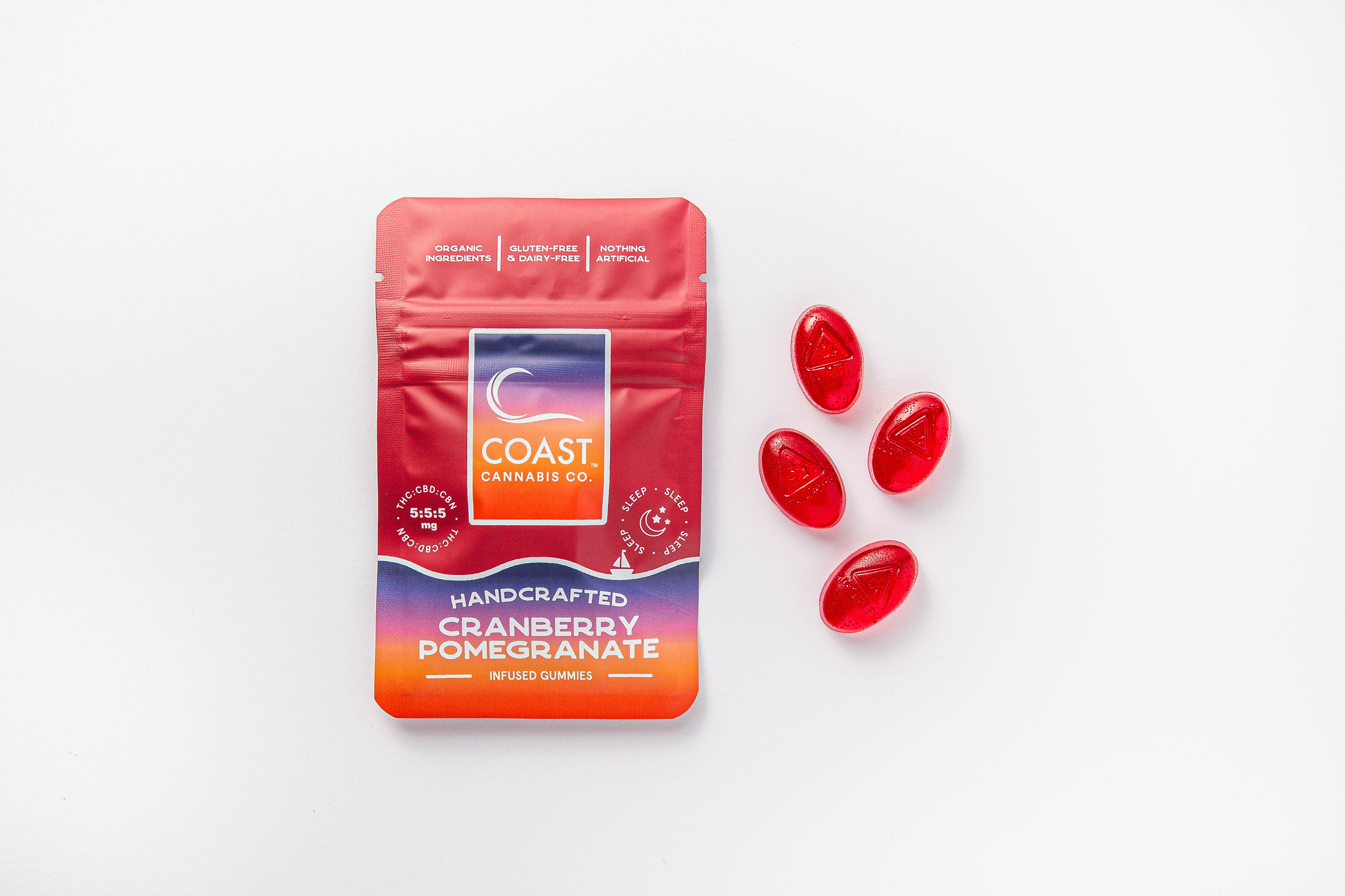 Photograph of product: Coast Cranberry Pomegranate 1:1:1 TH-oui:CBD:CBN Gummies 5mg 4pk