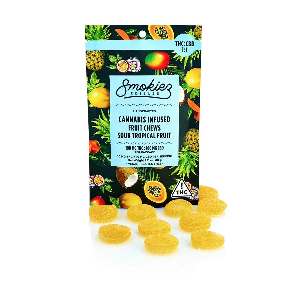 Photograph of product: SMOKIEZ - GUMMIES - 100MG TH-oui / 100MG CBD - 10PK - SOUR TROPICAL FRUIT 1:1 - HYBRID
