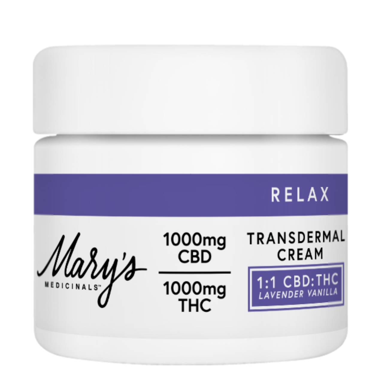Photograph of product: Mary's Medicinals Relax Lavender Vanilla 1:1 1000mg TH-oui/CBD Transdermal Cream Rec