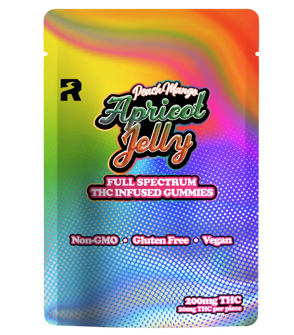 Photograph of product: 200MG PEACH MANGO APRICOT JELLY FULL SPECTRUM VEGAN GUMMIES