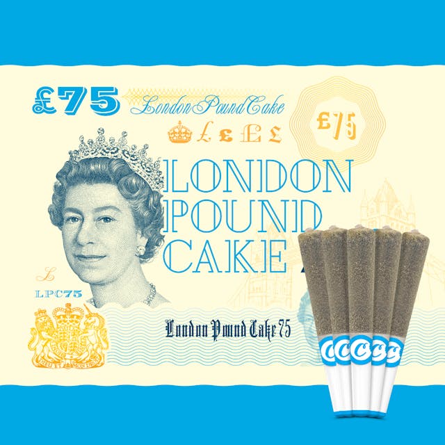 Photograph of product: London Pound Cake 75 | 2.5G | .5G x 5 Diamonds & Sauce Infused Preroll Pack - 