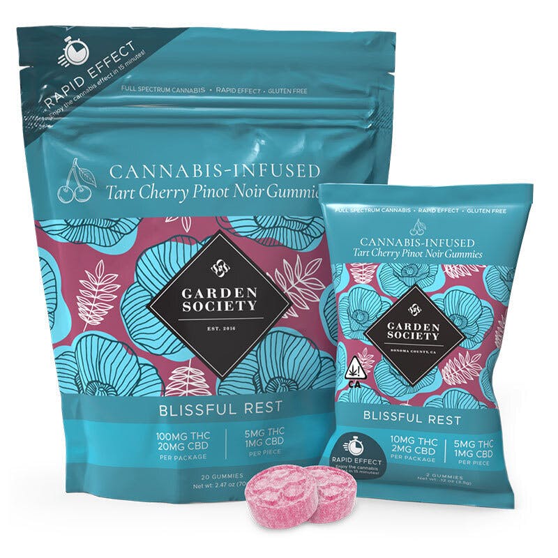 Photograph of product: Garden Society Tart Cherry Pinot Noir 5:1 100mg Gummies (Kiva)