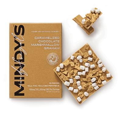 Photograph of product: MINDY'S Chocolate Bar 100mg: Caramelized Chocolate Marshmallow Graham 1:1 TH-oui:CBD