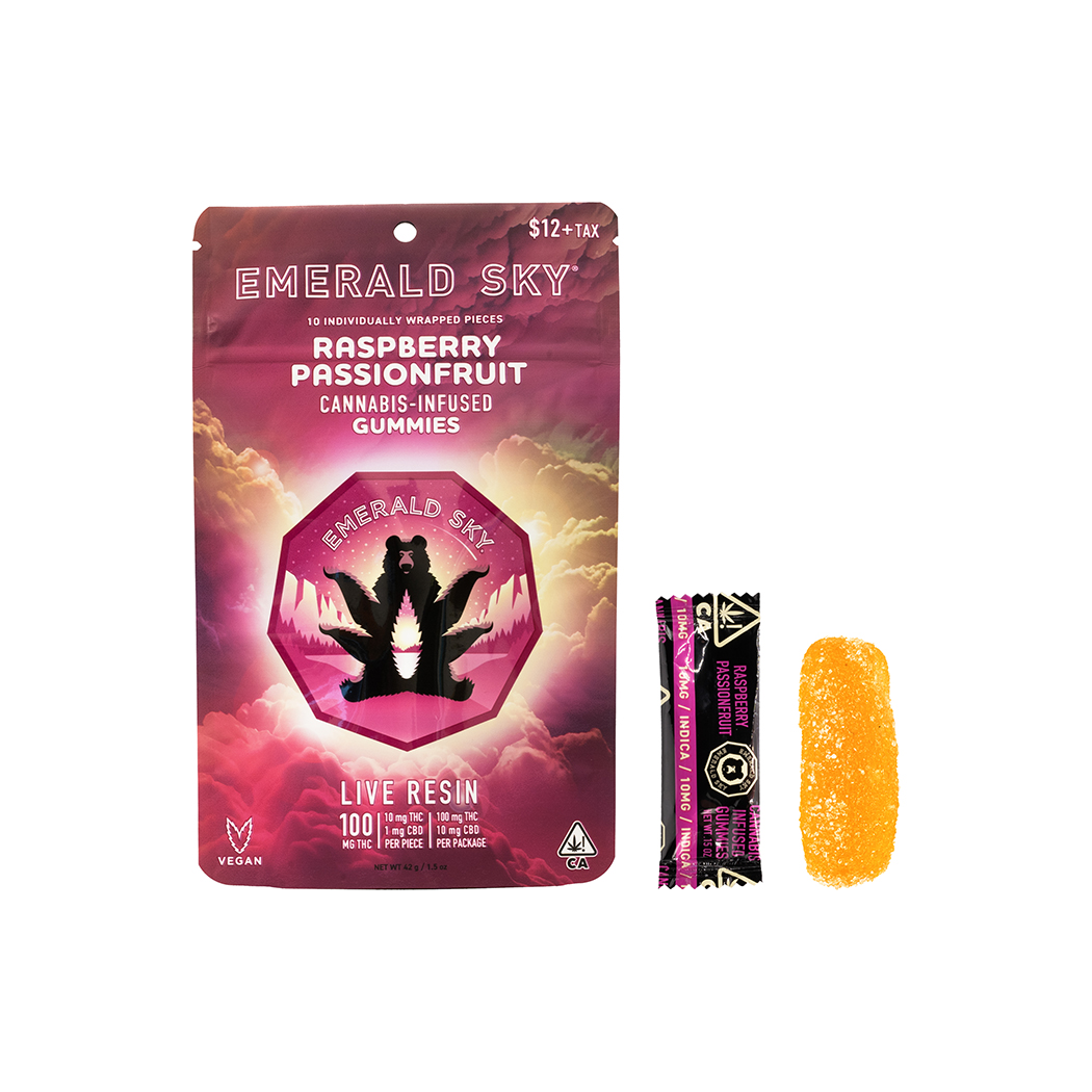 Photograph of product: Emerald Sky | Live Resin Gummies | 10pk | Oui'd | Raspberry Passionfruit | 100mg