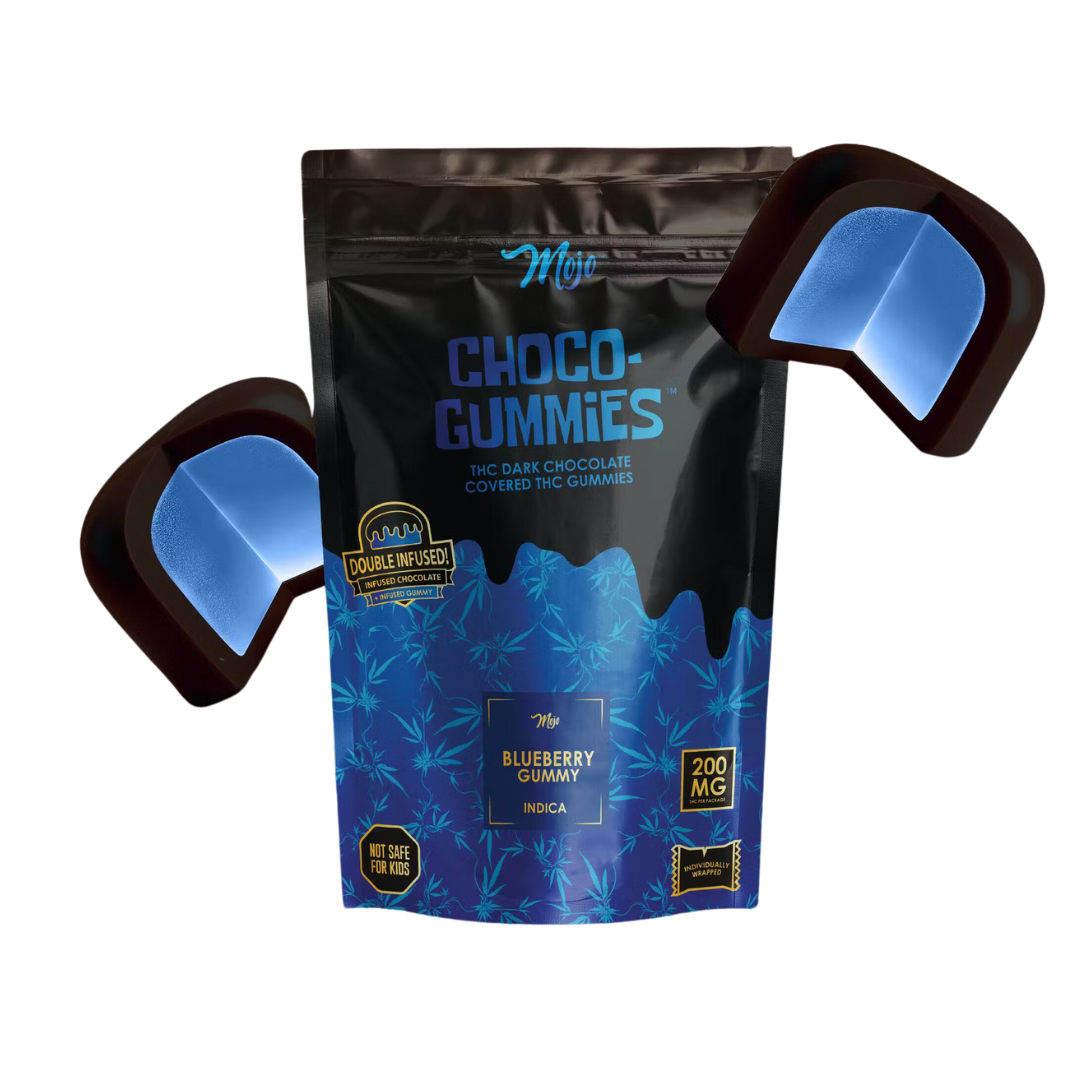 Photograph of product: Mojo - 200mg Choco-Gummies - Dark Chocolate Blueberry (Oui'd)