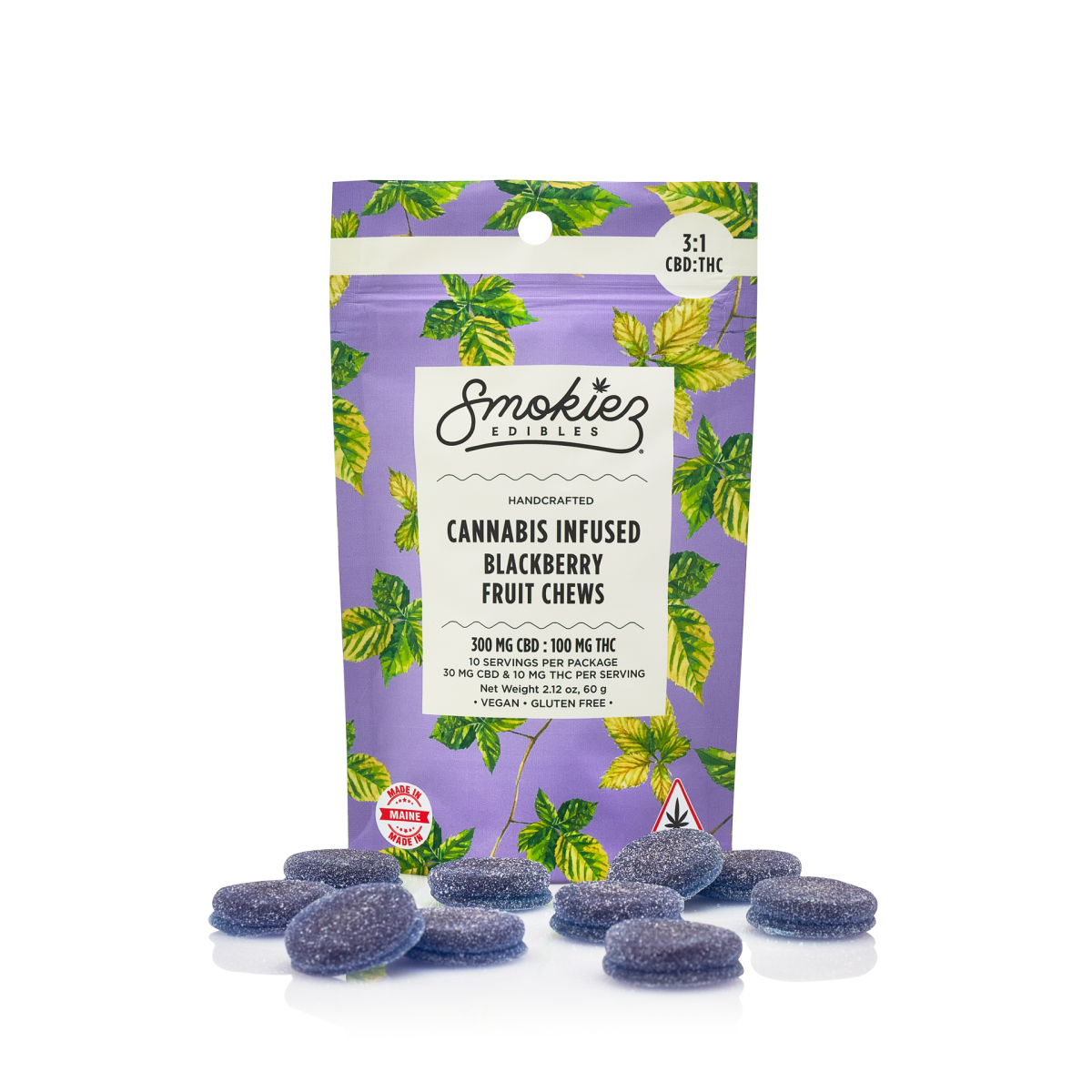 Photograph of product: Smokiez - Blackberry 3:1 Fruit Chews - 300mg CBD 100mg TH-oui