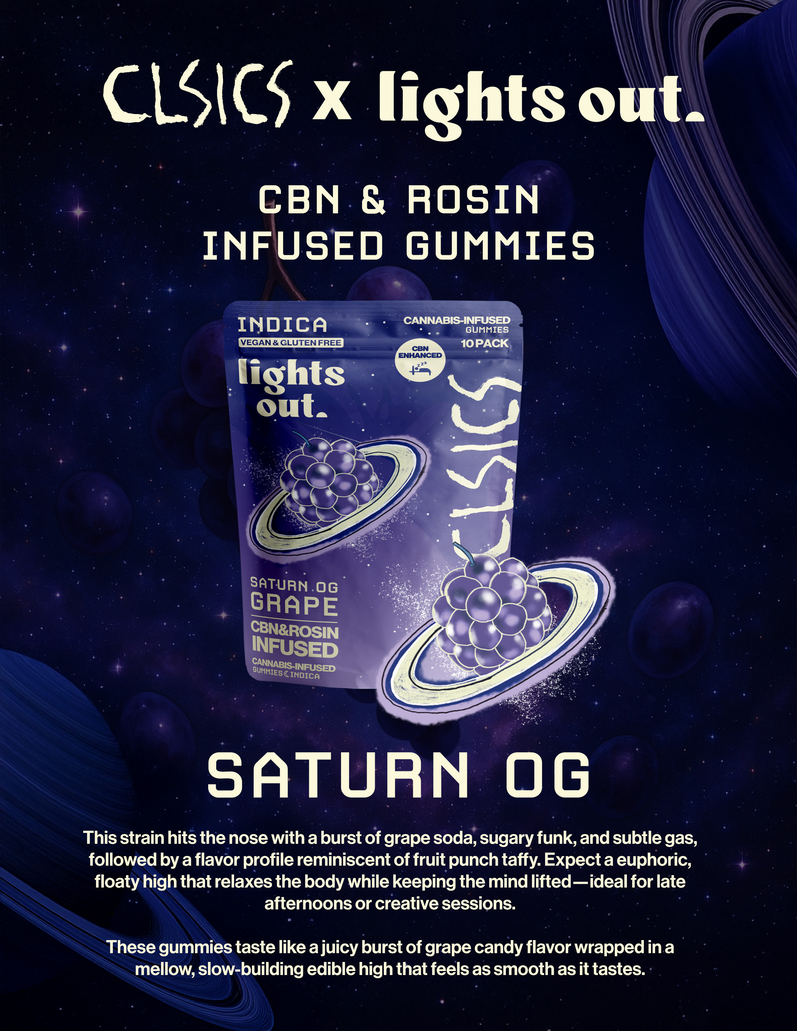 Photograph of product: CLSICS x Lights Out - Saturn OG (Oui'd) Live Rosin Edible 100mg