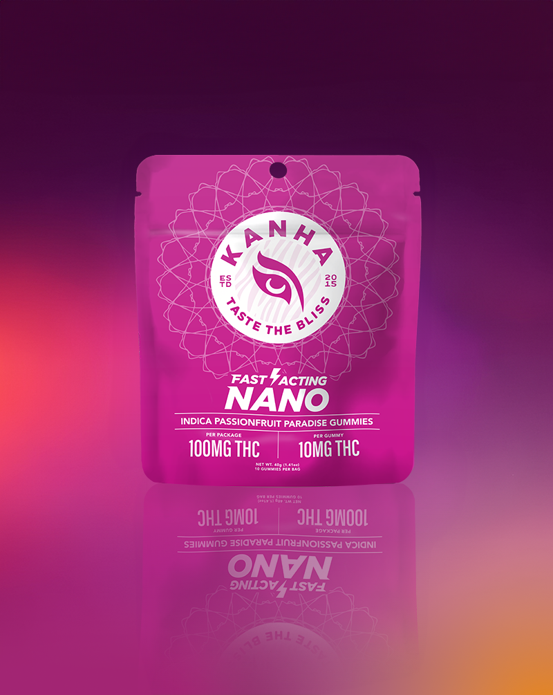 Photograph of product: KANHA Gummies 100mg Nano: Indica Passionfruit Paradise 10pc