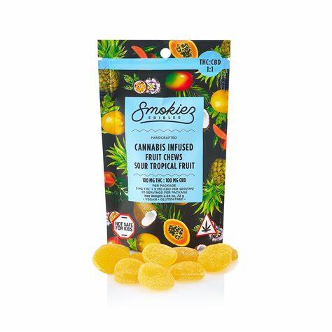 Photograph of product: Smokiez Sour Tropical Fruit TH-oui:CBD 1:1 | Gummies 100mg - Thrive