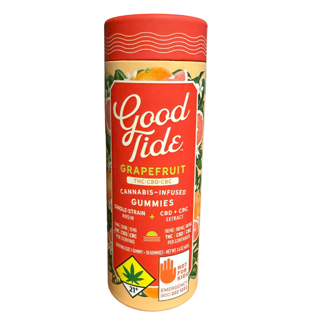Photograph of product: Good Tide Grapefruit (Blissful) 1:1:1 CBD/CBC Hash Rosin Gummies Sativa 300mg