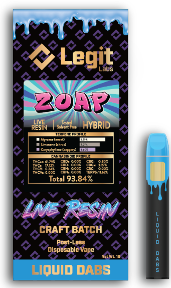 Photograph of product: Zoap | Post-Less Disposable | Live Resin | Legit Labs