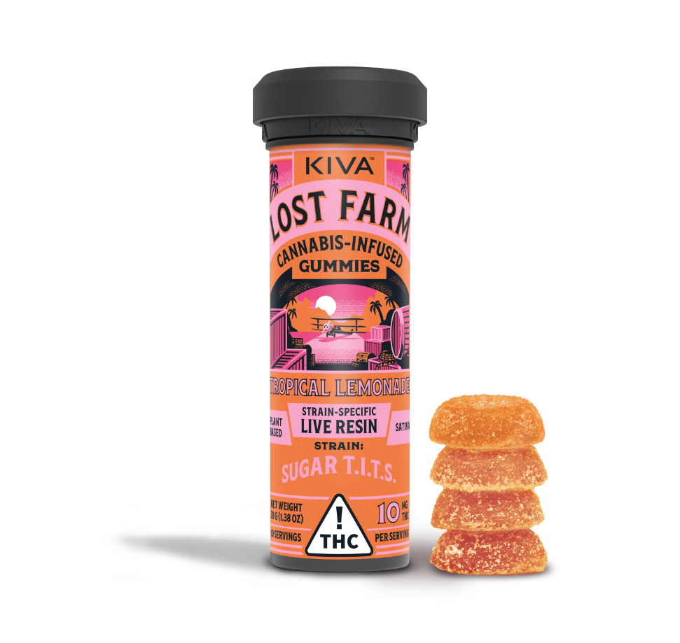 Photograph of product: Lost Farm Live Resin Tropical Lemonade X Sugar T.I.T.S. Gummies 100mg (10-Pack | 10mg Each)
