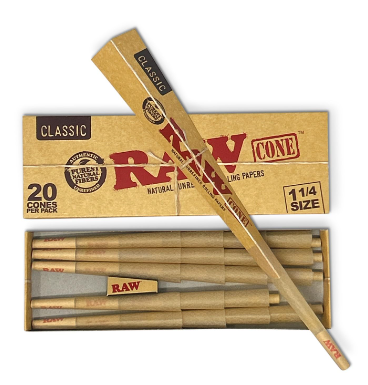 Photograph of product: Raw 1 1/4"   Classic   20 Pk Pre Rolled Cones