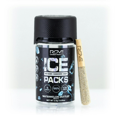 Photograph of product: Rove Watermelon Burst (I) Ice Packs au chocolat Rosin Infused Prerolls .5g 5pk