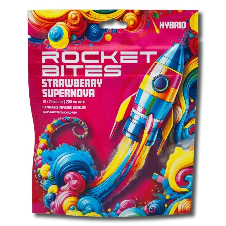 Photograph of product: ROCKET BITES | STRAWBERRY NOVA | HYBRID | GUMMIES | 200MG | REC