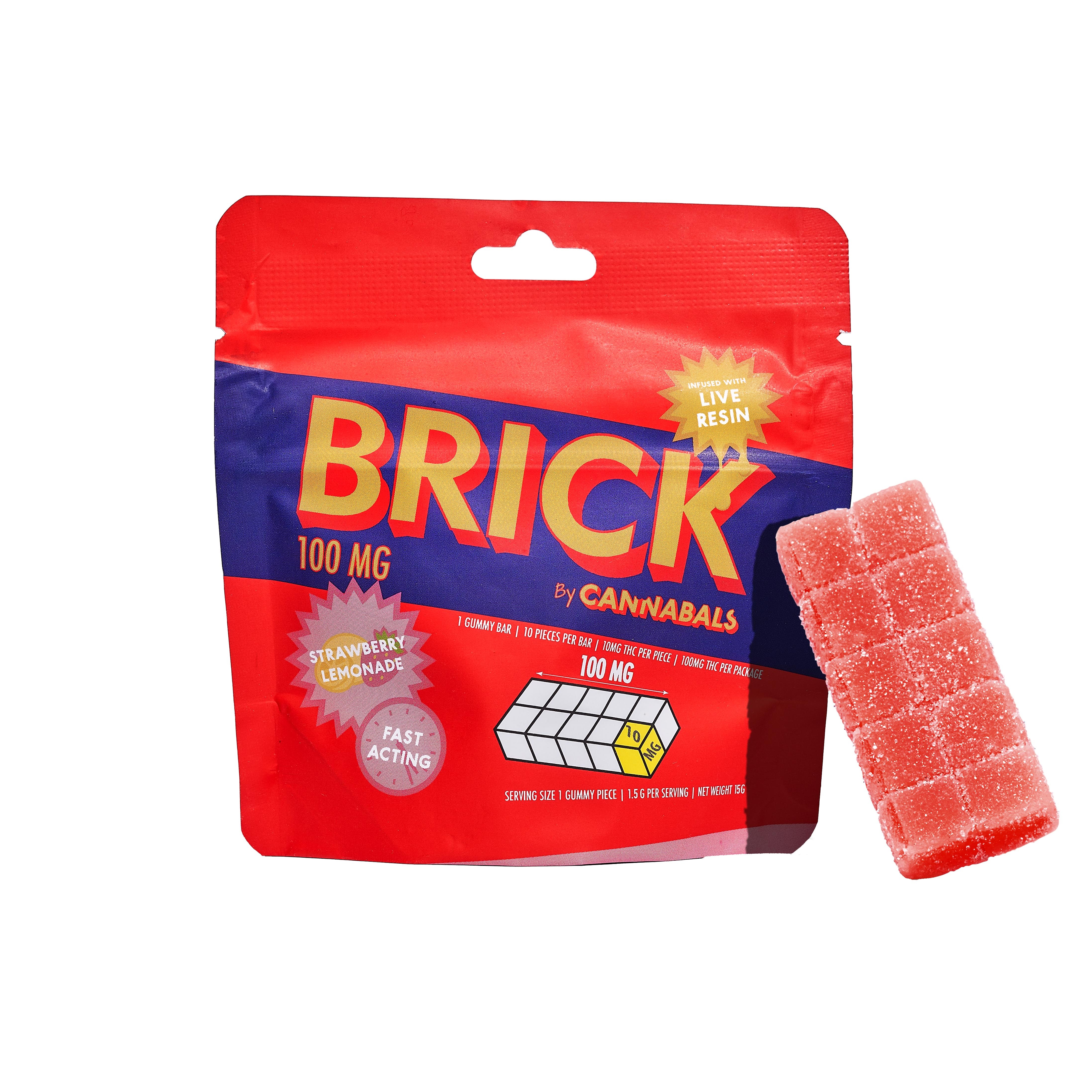 Photograph of product: Cannabals Brick | Gummy | Strawberry Lemonade | 1 Piece | 100mg | Hybrid