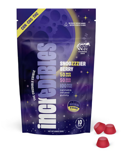 Photograph of product: Incredibles - Snoozzzierberry 2:1:1 TH-oui:CBN:CBG 100mg 10pk Gummies