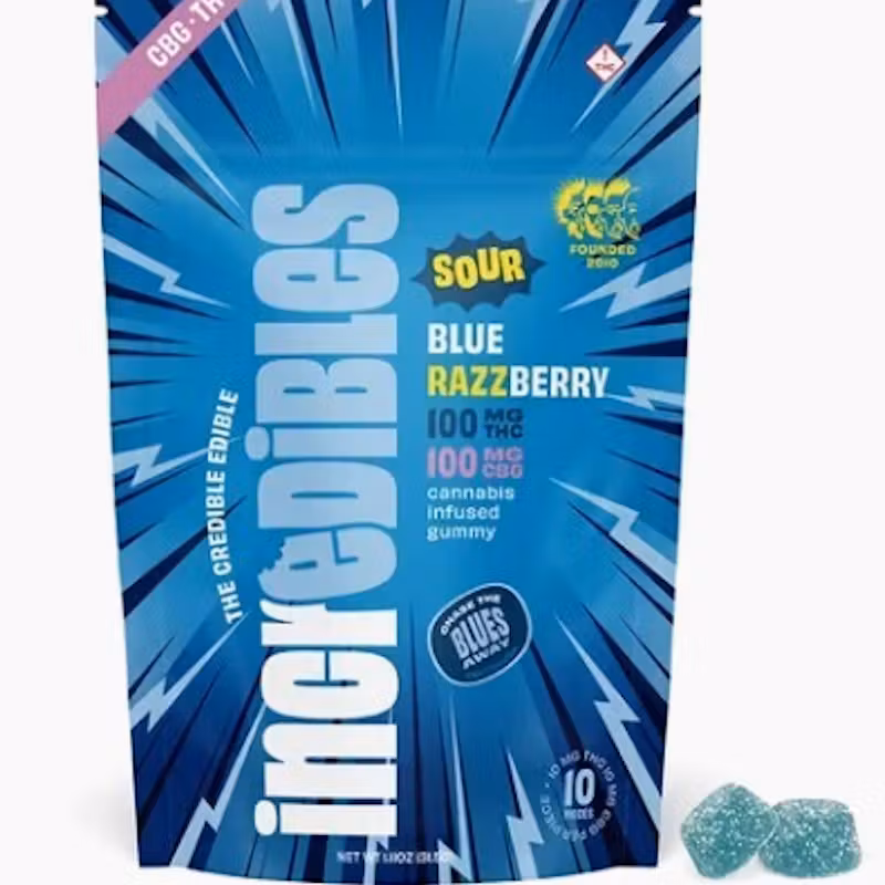 Photograph of product: Incredibles | Sour Blue Razzberry | TH-oui:CBG | 100mg | 10ct